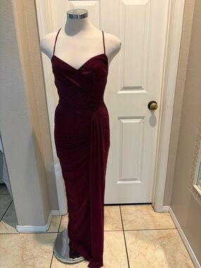 Fashion Nova Wine Spaghetti Strap Ruched Evening Gown